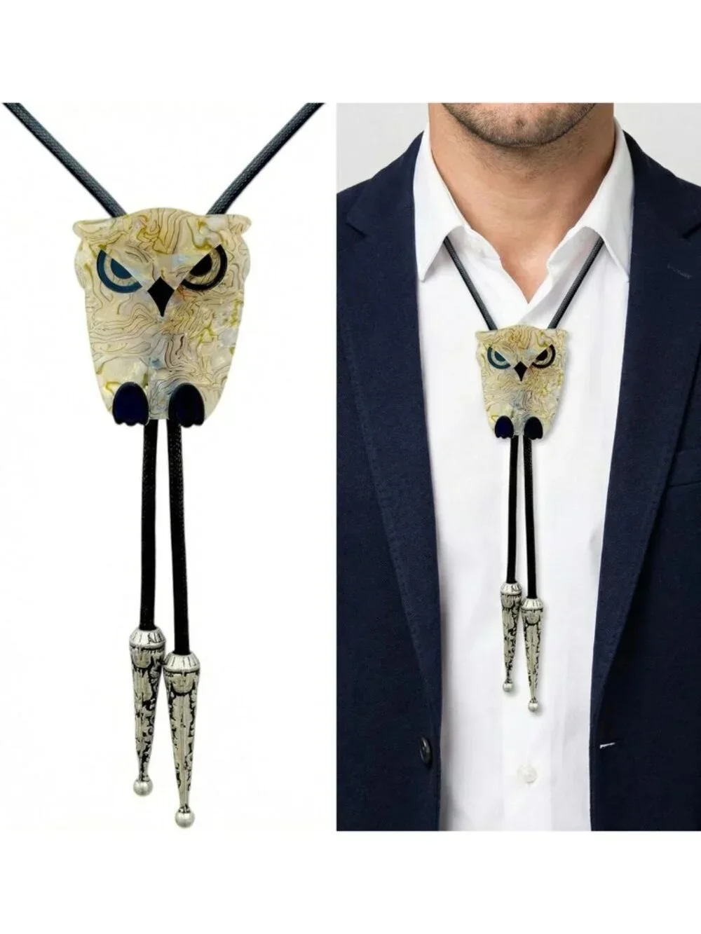 Handmade Western Bolo Tie - Unique Acrylic Animal Design, Longhorn Bull & Owl